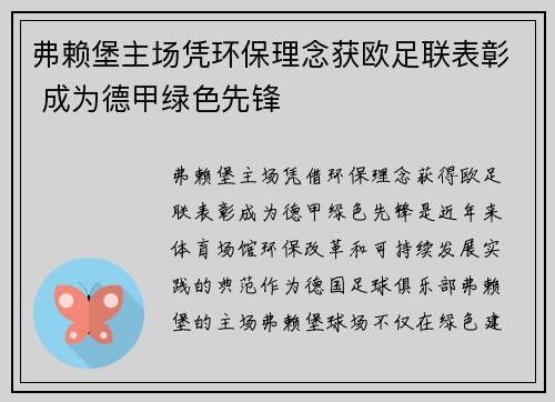 弗赖堡主场凭环保理念获欧足联表彰 成为德甲绿色先锋 弗赖堡主场凭环保理念获欧足联表彰 成为德甲绿色先锋